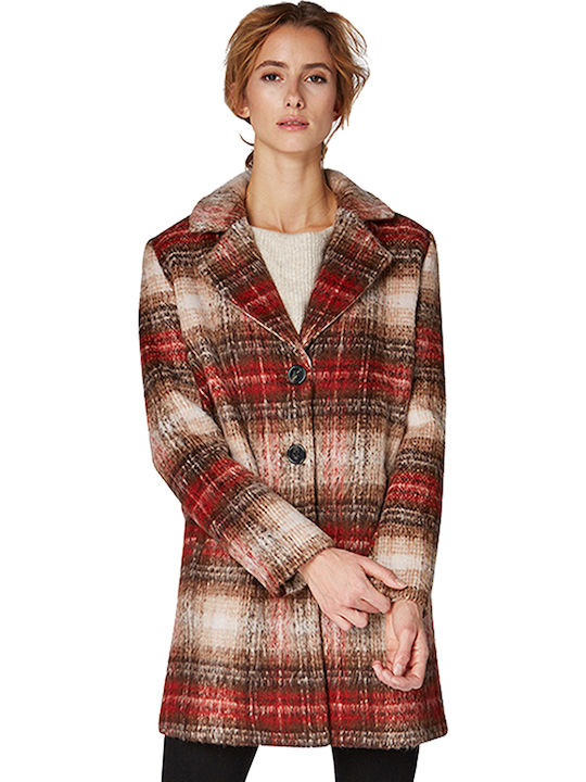 Women's Checked Brilliant Red Coat with Buttons