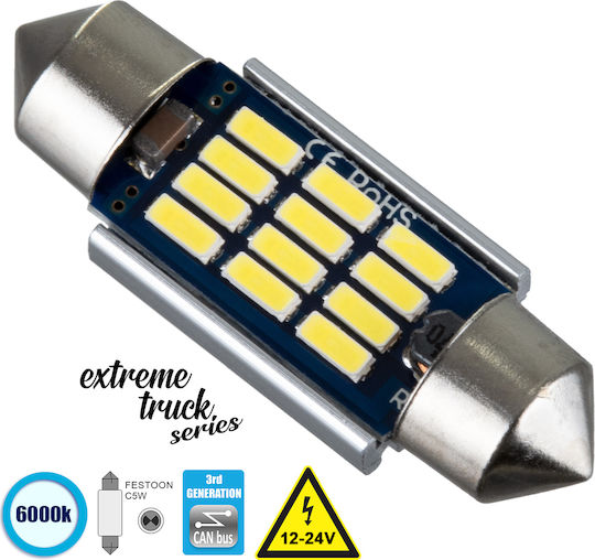 GloboStar Λάμπα Αυτοκινήτου Extreme Truck Series C5W 36mm Canbus LED 6000K Ψυχρό Λευκό 24-30V 3.6W