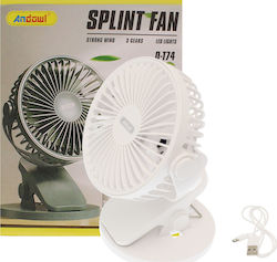 Andowl USB Office/Home Clip-On Fan Rechargeable Battery 3000mAh White Q-T74 5W