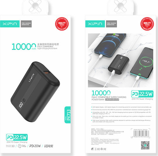 Xipin PX713 Power Bank 10000mAh 22.5W με Θύρα USB-A και Θύρα USB-C Power Delivery Μαύρο