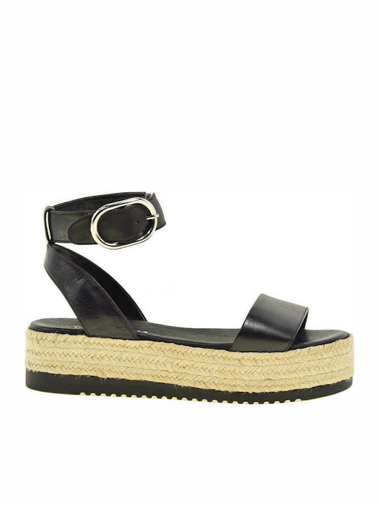 Δερμάτινα Γυναικεία Σανδάλια Flatforms Μαύρα