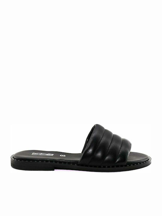 Fardoulis Leder Damen Flache Sandalen in Schwarz Farbe