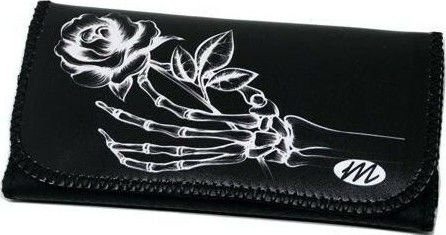 Monte Skeleton Rose Pungă Pentru Tutun Din Piele Ecologică Neagră Cu Închidere Cu Magnet 15x8.5cm