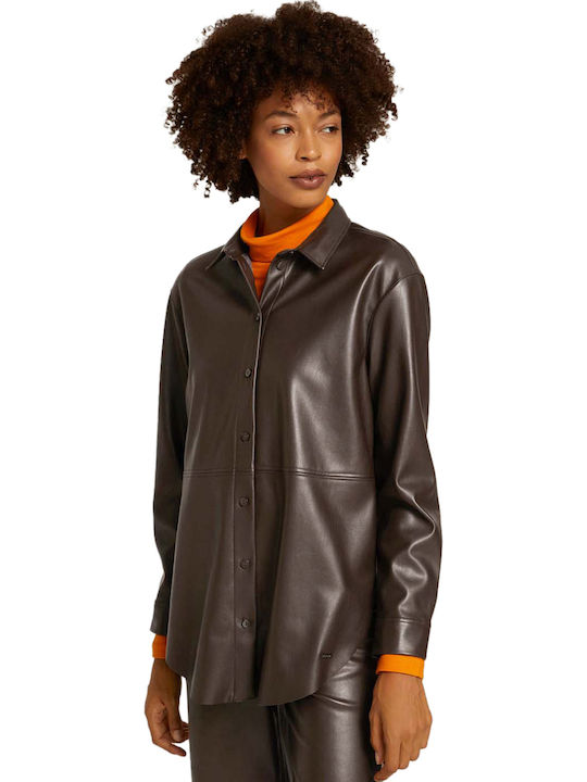 Women's Leather Monochrome Long Sleeve Shirt Brown