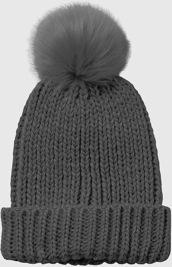 Pom Pom Beanie Γυναικείος Σκούφος με Rib Πλέξη σε Γκρι χρώμα