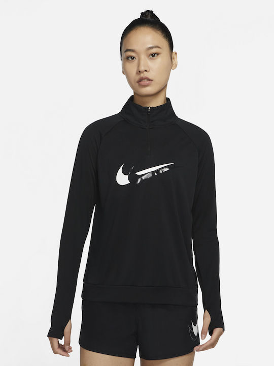 Nike Dri-Fit Swoosh Μακρυμάνικη Γυναικεία Αθλητική Μπλούζα Μαύρη