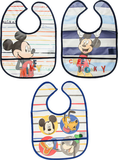Alouette Disney Mickey Mouse Αδιάβροχη Σαλιάρα Πλαστική με Αυτοκόλλητο & Τσέπη Πολύχρωμη για 6 m+ 3τμχ