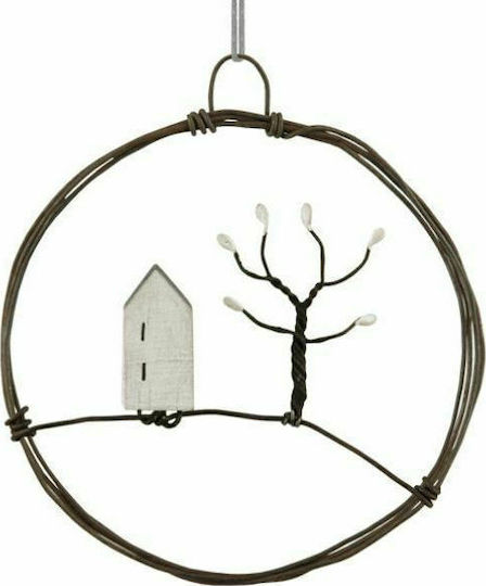 Synchronia Weihnachtsdekoration Holz Kranz mit Durchmesser 7.5cm. με Μικρό Σπίτι και Δέντρο