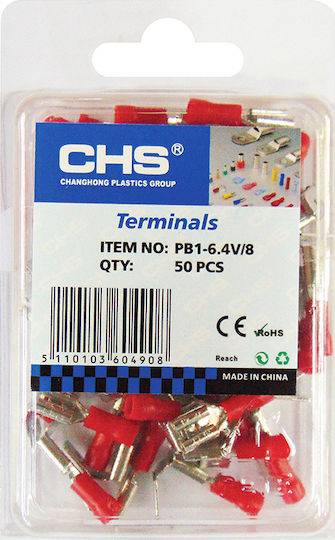CHS mit Isolierung 6.3mm Rot (PB1-6.4V/8) in einem Set von 50Stück