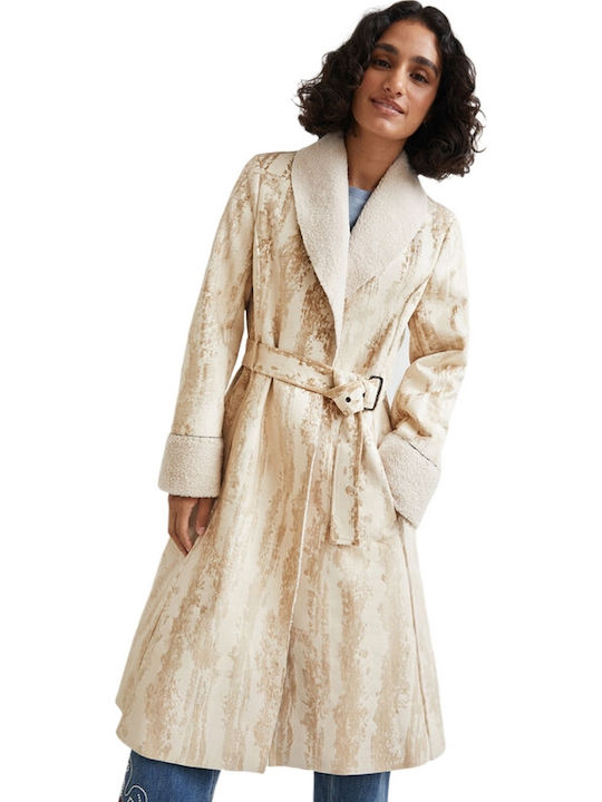 Abrig Marvelous Women's Beige Coat with Fur Details