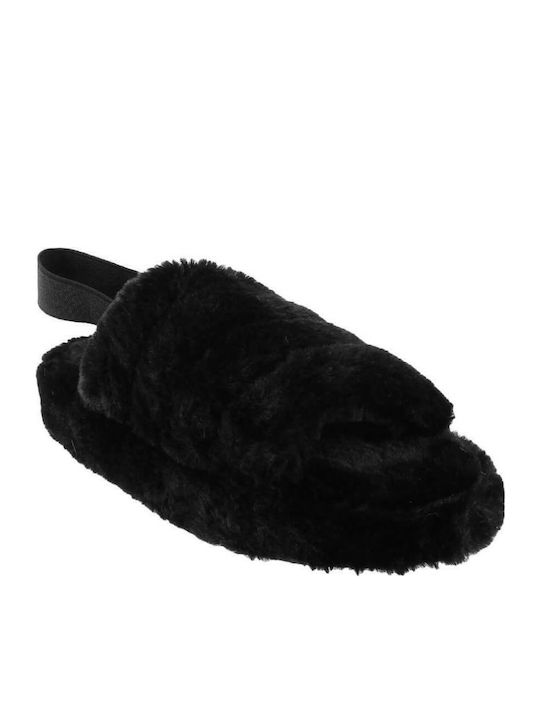 IQ Shoes Χειμερινές Γυναικείες Παντόφλες με γούνα σε Μαύρο Χρώμα