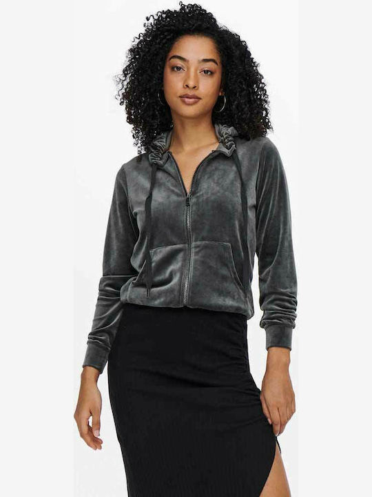 Long Women's Sweatshirt Jacket Velvet Hooded Gray
