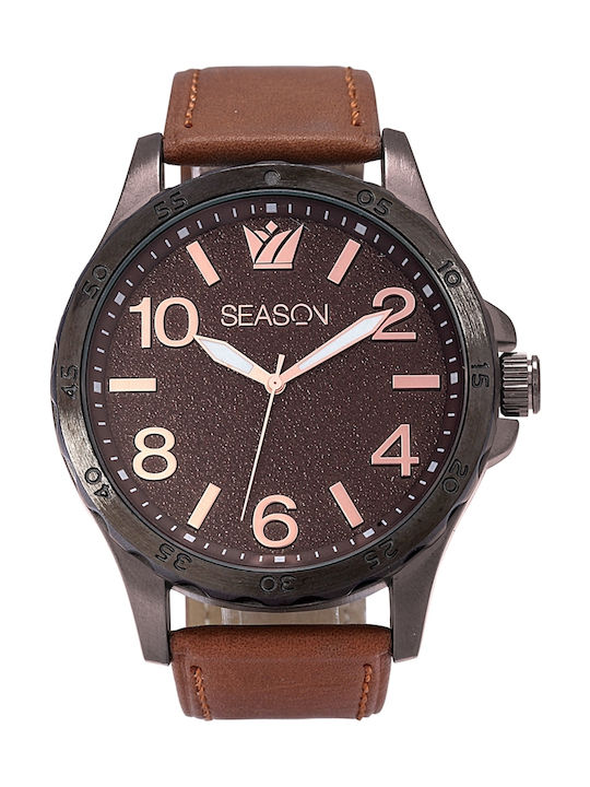 Season Time Ανδρικό Ρολόι 48mm Μπαταρίας με Καφέ Δερμάτινο Λουράκι
