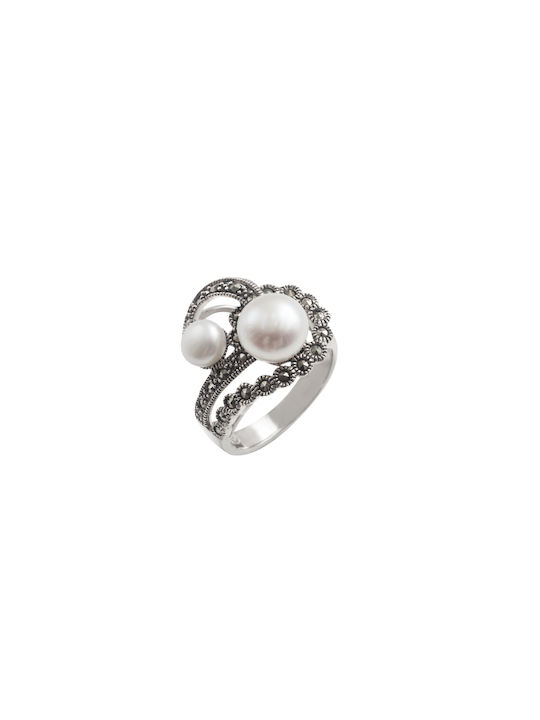 silverline, silver, women's, pearl ring, marcasite, white, platinum plating