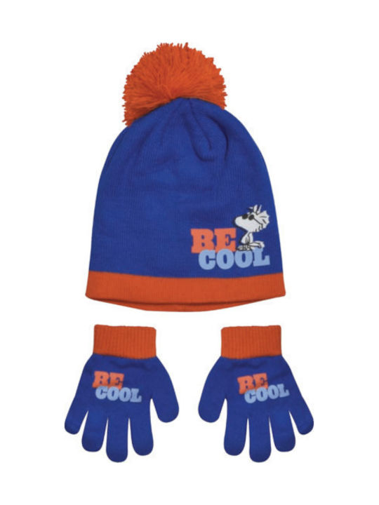 Stamion Snoopy Kids Beanie Set with Gloves Knitted Blue