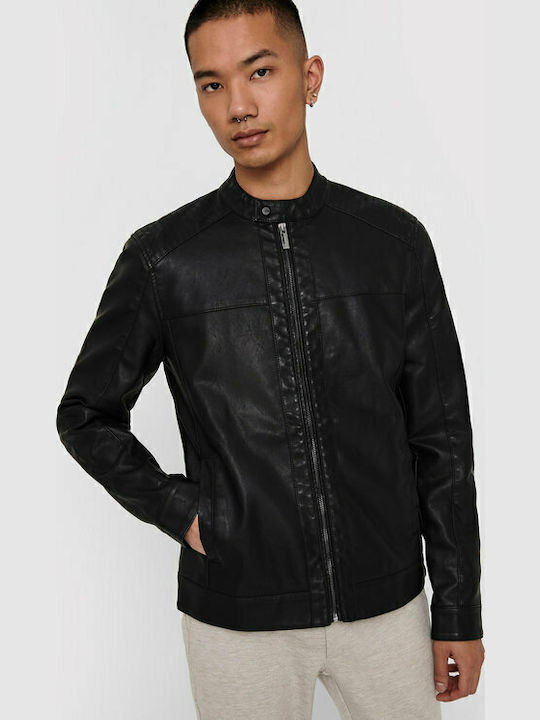 Only & Sons Biker Faux Leather Jacket Black