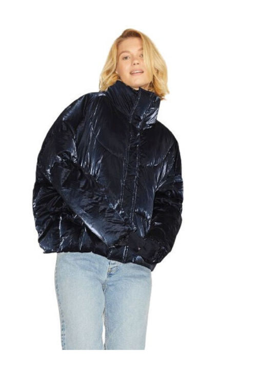 Jxsaga Shine Women's Short Puffer Jacket for Winter Navy Blue