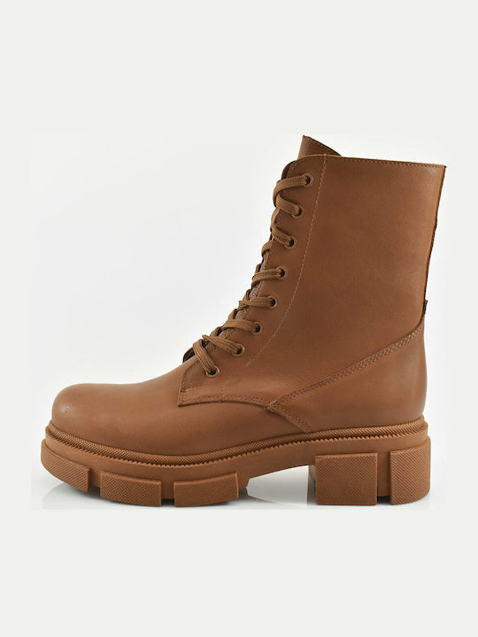 Leather Women's Ankle Boots with Medium Heel Brown