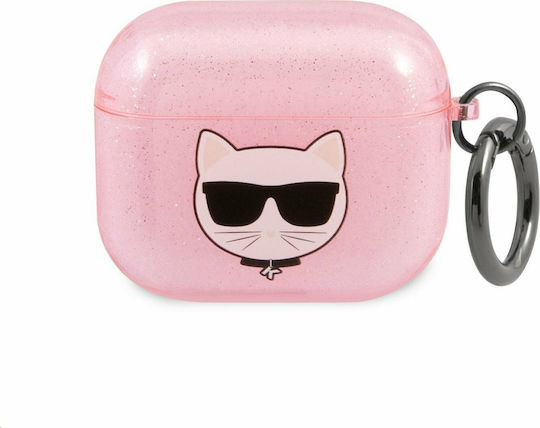 Karl Lagerfeld Glitter Choupette Θήκη Σιλικόνης με Γάντζο σε Ροζ χρώμα για Apple AirPods 3