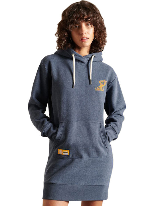 Mini Sportliches Damenkleid Langärmelig mit Kapuze Blau