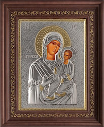 Saint Icon Virgin Mary Holding the Infant with Local Gold Plating Silver 26x32cm