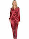 Lydia Creations Winter Women's Pyjama Set Satin Burgundy 21591