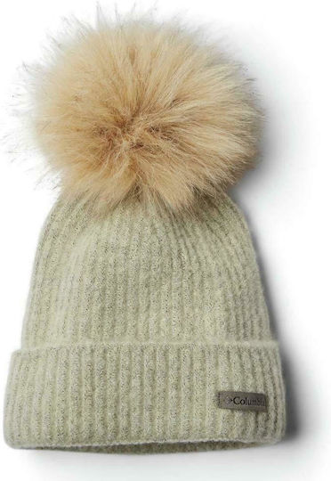 Winter Blur Pom Pom Beanie Unisex Σκούφος με Rib Πλέξη σε Μπεζ χρώμα