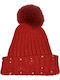 Pom Pom Beanie Unisex Beanie with Rib Knit in Red color