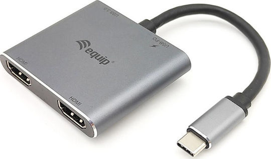 Equip Μετατροπέας USB-C male σε HDMI 2x female Ασημί 1τμχ 133484