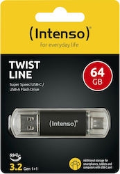 Intenso Twist Line 64GB USB 2.0 Stick με σύνδεση USB-A & USB-C Μαύρο