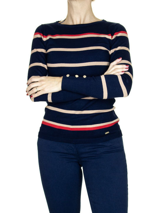 Heavy Tools Women's Blouse Long Sleeve with V Neck Striped Navy Blue