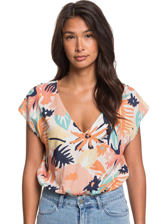 Roxy Beside Myself Women's Summer Blouse Short Sleeve with V Neckline Floral Peach Blush Bright Skies