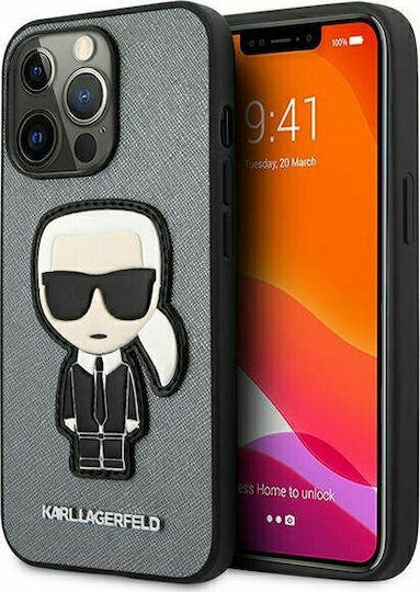 Karl Lagerfeld Saffiano Ikonik Karl`s Patch Back Cover Plastic / Fabric Silver (iPhone 13 Pro)
