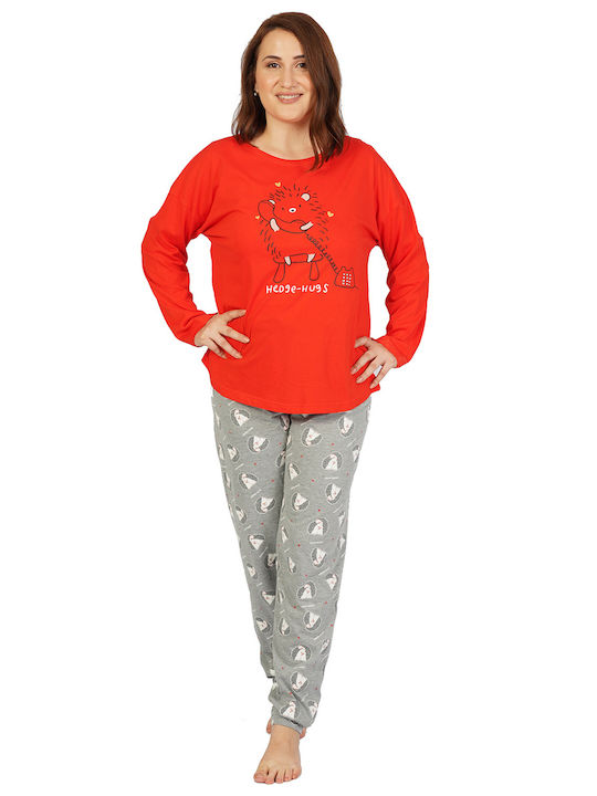 Vienetta Damen Winterpyjama "Hedge-Hugs" Plus Size (1XL-4XL)-104177a Rot