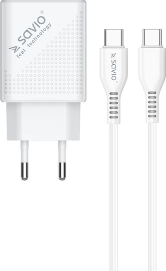 Savio Mobile Phone Charger with USB-A and USB-C Output Ports and USB-C Cable Power Delivery Quick Charge 3.0 White