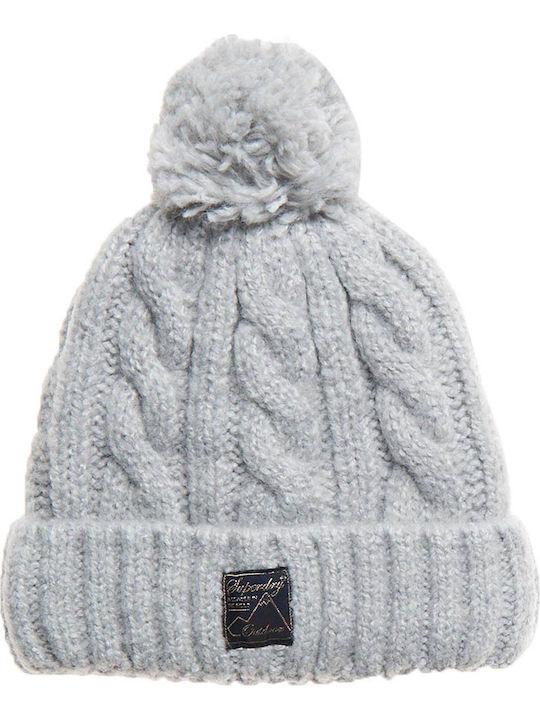 Tweed Cable Pom Pom Beanie Γυναικείος Σκούφος Πλεκτός σε Γκρι χρώμα