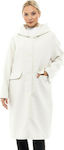 Biston Γυναικείο Λευκό Παλτό με Κουκούλα