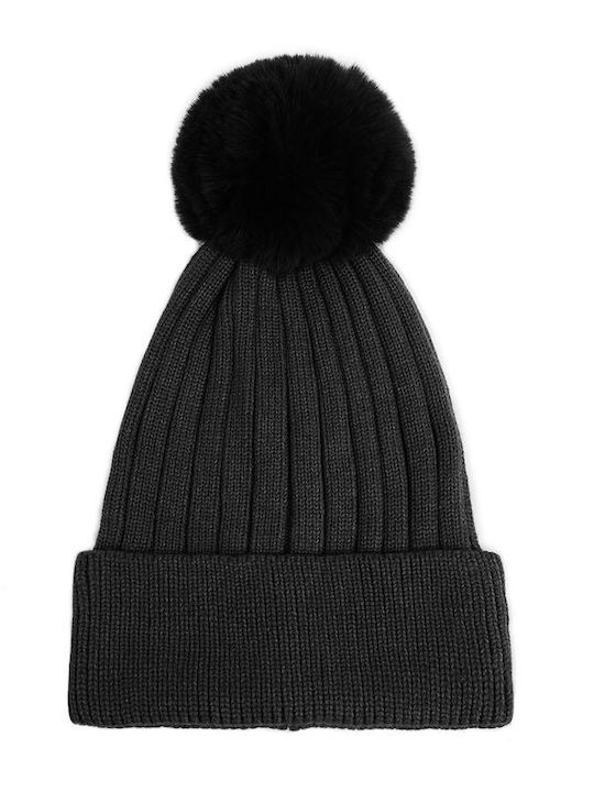 Doca Pom Pom Beanie Γυναικείος Σκούφος με Rib Πλέξη σε Μαύρο χρώμα