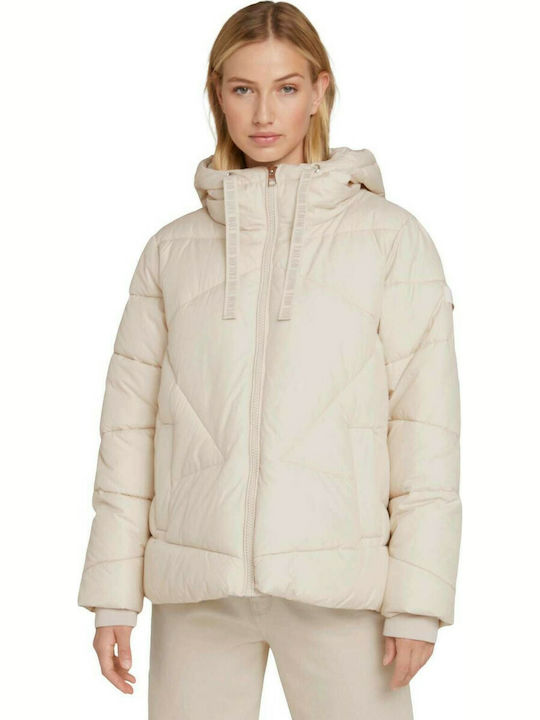 Tom Tailor Women's Short Puffer Jacket for Winter with Hood Cold Beige