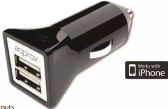 Approx Φορτιστής Αυτοκινήτου 3.1A με Θύρες: 2xUSB Μαύρο Χρώμα