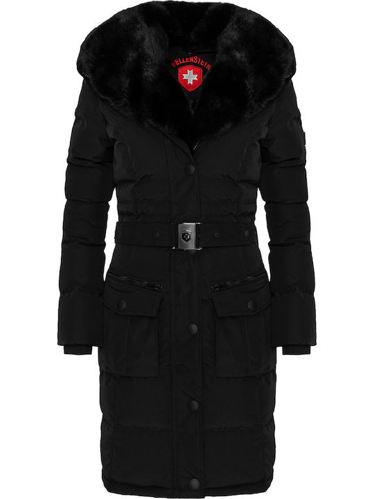 Lungă Jachetă de femei Puffer cu glugă de blană Negru