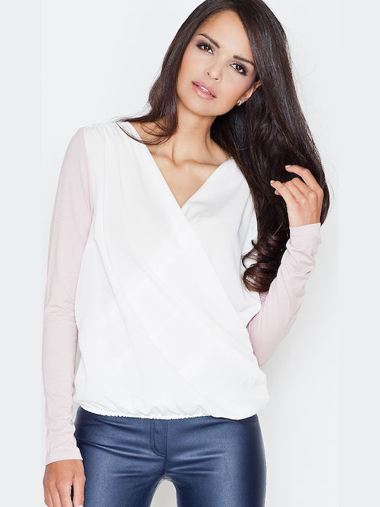 Figl 375 Damen Bluse Langärmelig mit V-Ausschnitt Weiß 43828