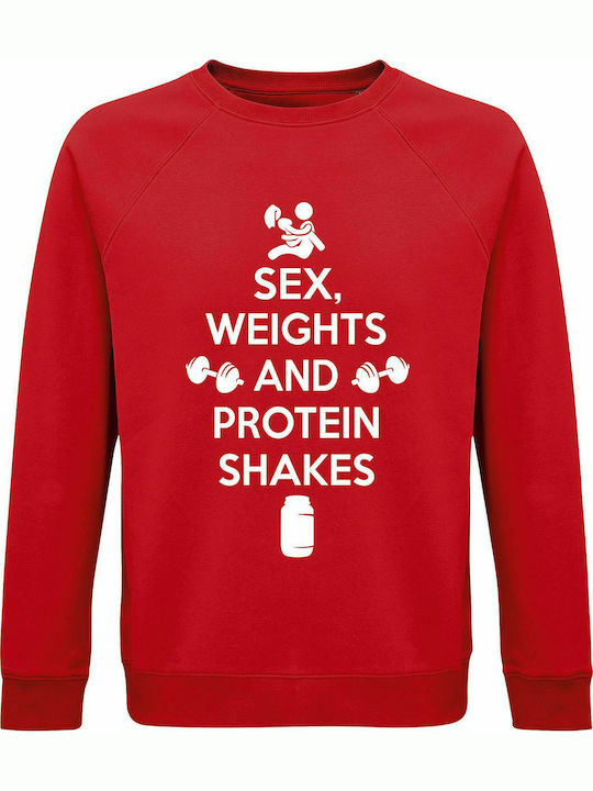 Sweatshirt Unisex, Organic " Sex, Weights and Protein Shakes, Gym Lover ", Red