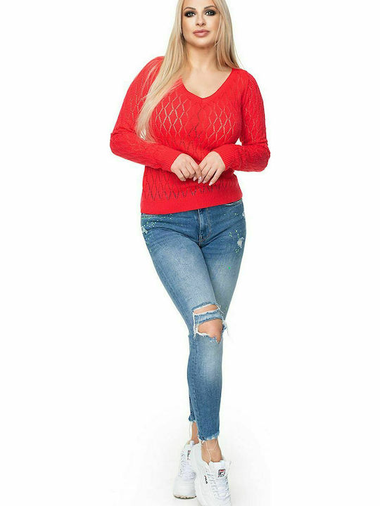 PeeKaBoo 70018 Women's Long Sleeve Sweater with V Neckline Red 131609