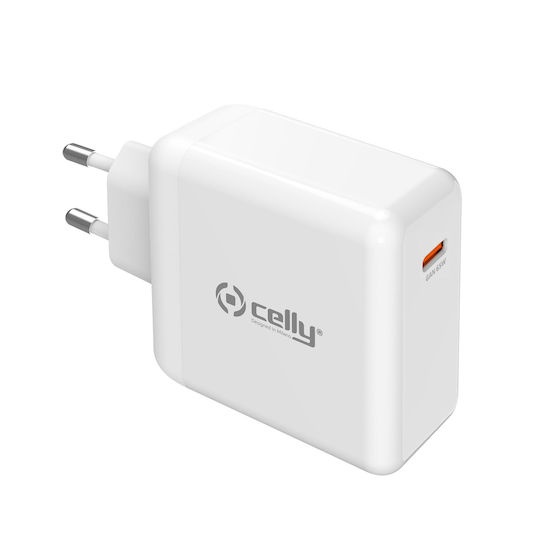 Celly GaN Kabelloser Handyladegerät mit USB-C Ausgangsanschluss 65W Stromlieferung Weiß (TC1C65WGAN)