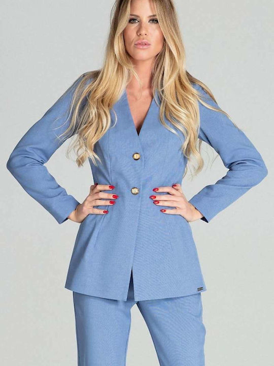 Figl M694 Long Women's Waisted Blazer Light Blu...