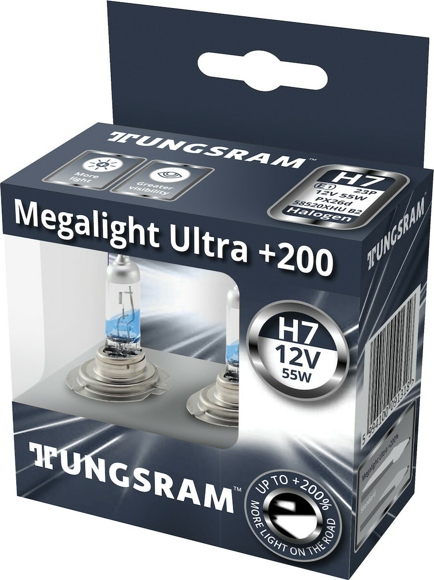 Tungsram  Megalight Ultra +200% PX26d 12V 55W 2τμχ - Skroutz.gr