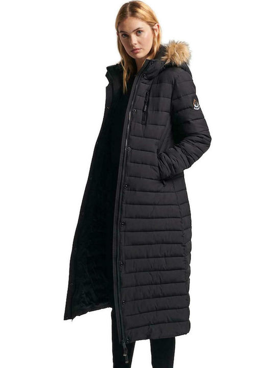 Superdry Fuji Lung Jachetă de femei Puffer cu glugă de blană pentru iarnă Negru