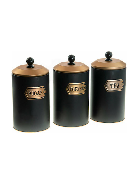 Viosarp KMS.2271 Βάζο Ζάχαρη / Καφέ / Τσάι με Καπάκι Μεταλλικό σε Μαύρο Χρώμα 1000ml 3τμχ