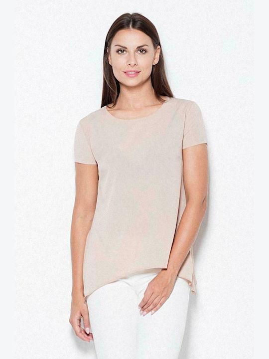 Venaton Short Sleeve Women's Summer Blouse Beige